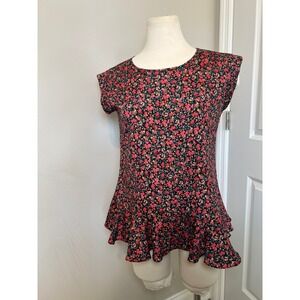 The Limited Black Floral Peplum Top Short Sleeve Keyhole‎ Button Womens S